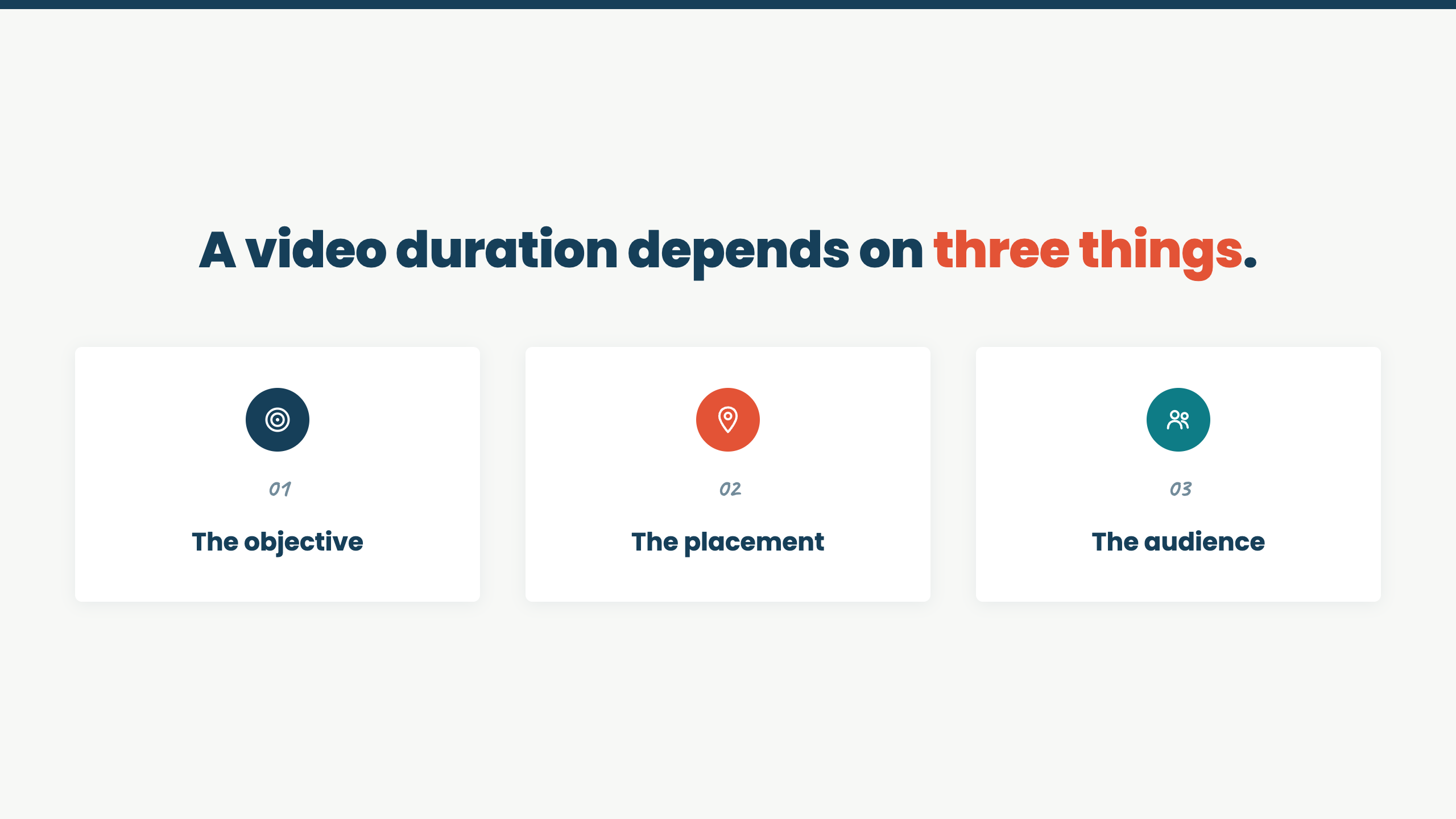 A video duration depends on three things: the objective, the placement, and the audience