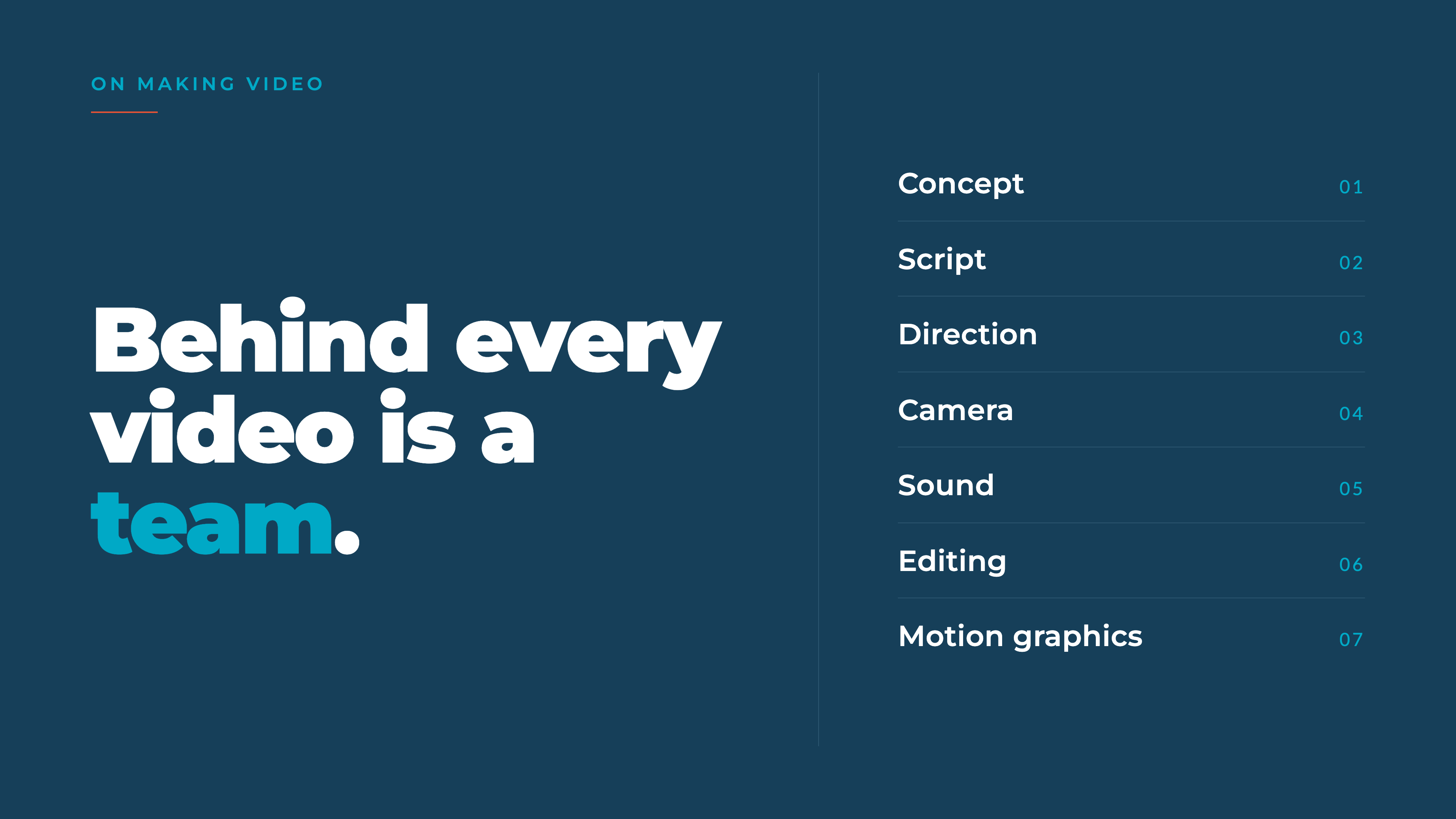 Behind every video is a team: concept, script, direction, camera, sound, editing, motion graphics
