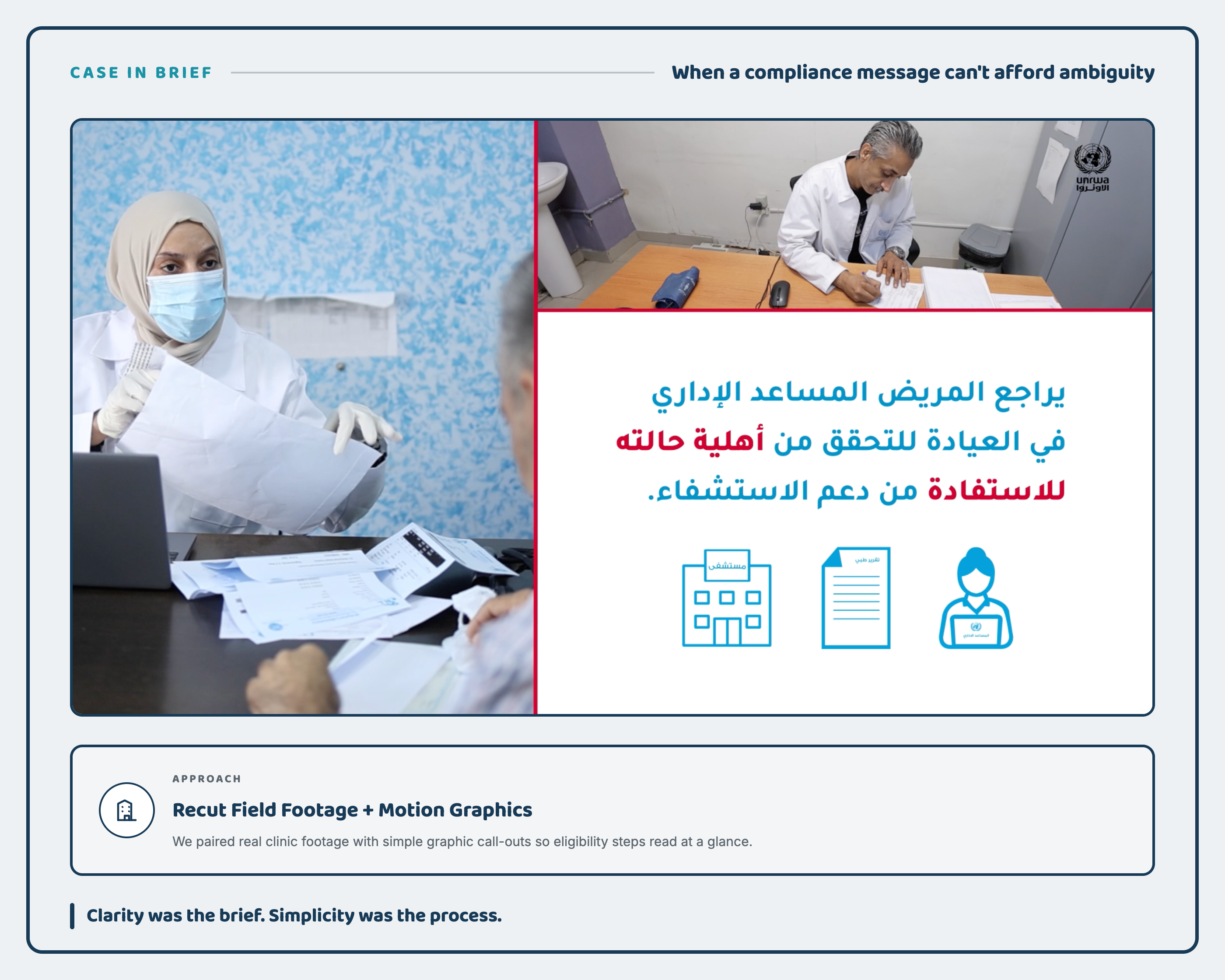 Communication instruments explaining healthcare access pathways, clinic footage paired with motion graphics