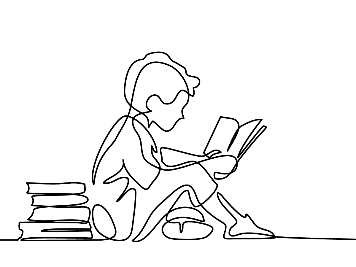 Silhouette drawing of a young boy reading books