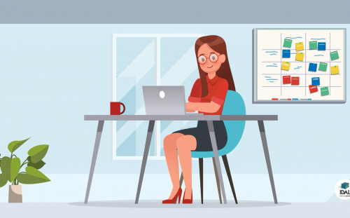 a cartoon woman entrepreneur working in her office on her pc, with a mug next to her on the table and a chart hung on the wall and a plant in her office_Business motion_motion graphics videos